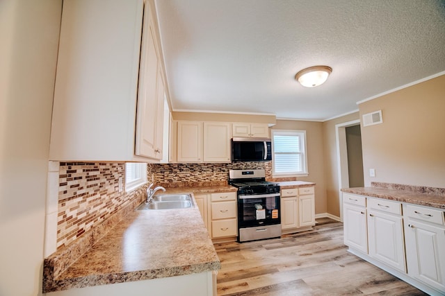 212 E Ash St, Watseka, IL 60970 - kitchen featuring stainless steel appliances, a sink, decorative backsplash, light wood-style flooring, and crown molding
