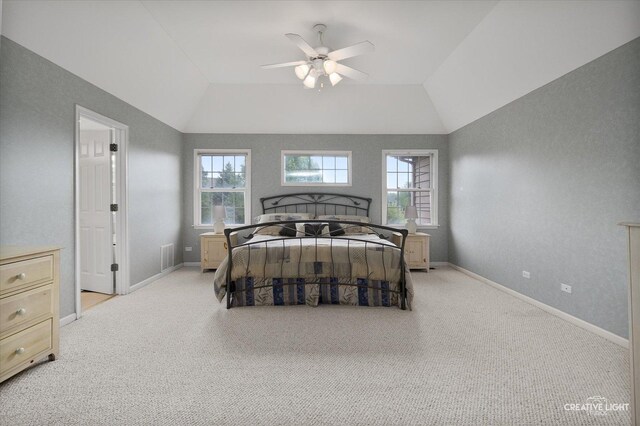541 Clover Dr, Algonquin, IL 60102 - bedroom featuring light carpet, baseboards, vaulted ceiling, and ceiling fan
