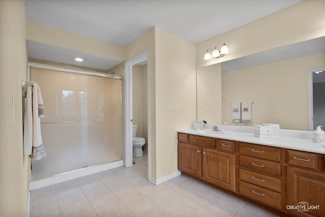 541 Clover Dr, Algonquin, IL 60102 - bathroom with vanity, tile patterned floors, toilet, a stall shower, and baseboards