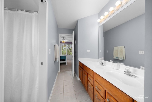 541 Clover Dr, Algonquin, IL 60102 - full bath featuring double vanity, tile patterned flooring, baseboards, and a ceiling fan