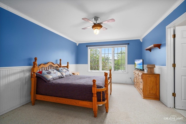 541 Clover Dr, Algonquin, IL 60102 - bedroom with a wainscoted wall, crown molding, light carpet, and ceiling fan