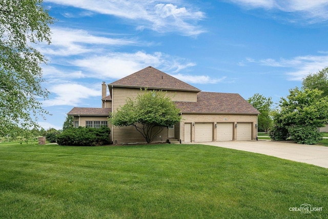 541 Clover Dr, Algonquin, IL 60102 - view of side of property featuring a lawn, a garage, concrete driveway, a chimney, and a shingled roof