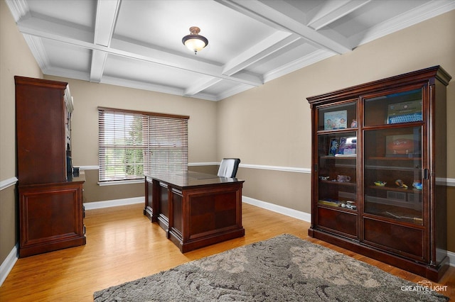 541 Clover Dr, Algonquin, IL 60102 - office space with coffered ceiling, light wood finished floors, beam ceiling, and baseboards