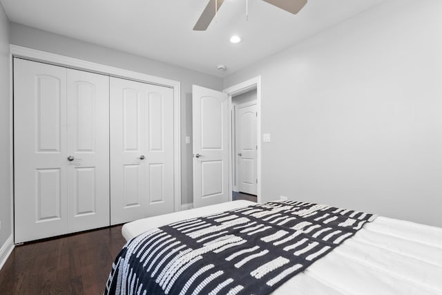 7943 S Blackstone Ave, Chicago, IL 60619 - bedroom with recessed lighting, dark wood-style flooring, a closet, and ceiling fan