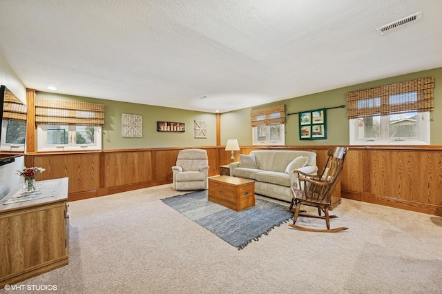 111 E Garden Ave, Palatine, IL 60067 - carpeted living area with a textured ceiling, wood walls, wainscoting, and visible vents