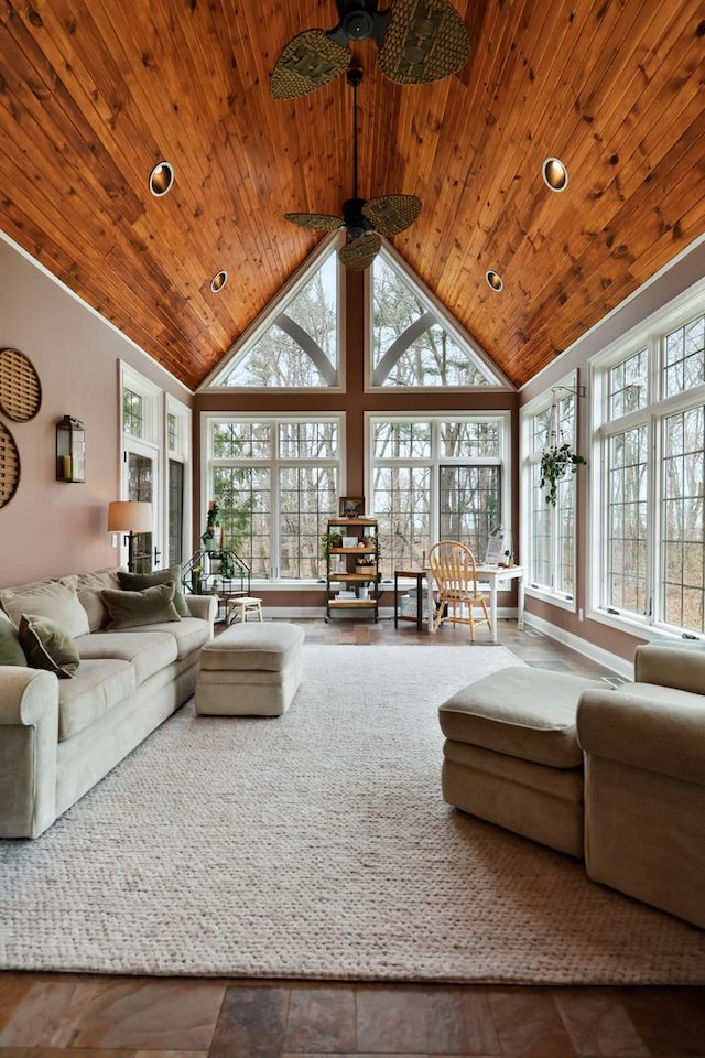 3131 Pepper Creek Bridge Pkwy, Valparaiso, IN 46385 - living room with high vaulted ceiling, ceiling fan, wood ceiling, and recessed lighting