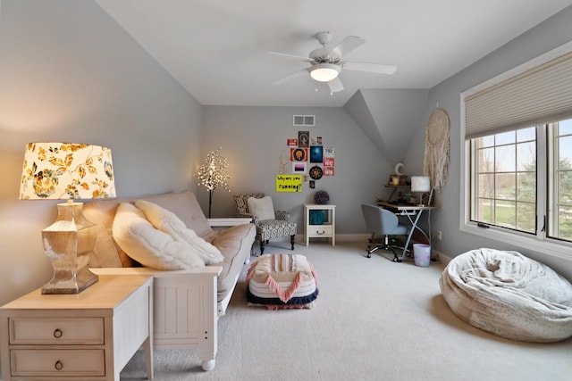 3131 Pepper Creek Bridge Pkwy, Valparaiso, IN 46385 - living area featuring carpet flooring, ceiling fan, and vaulted ceiling