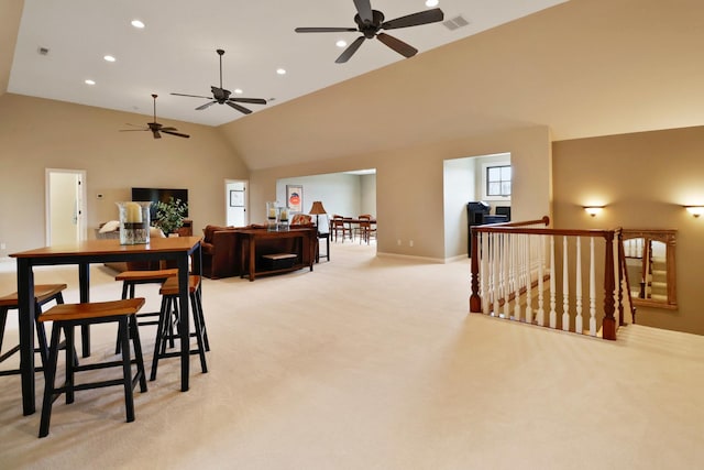 3131 Pepper Creek Bridge Pkwy, Valparaiso, IN 46385 - dining area with lofted ceiling, a ceiling fan, light carpet, and recessed lighting