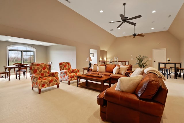 3131 Pepper Creek Bridge Pkwy, Valparaiso, IN 46385 - living room with light colored carpet, ceiling fan, recessed lighting, and lofted ceiling