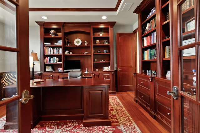 3131 Pepper Creek Bridge Pkwy, Valparaiso, IN 46385 - office space with dark wood finished floors, recessed lighting, ornamental molding, and a raised ceiling