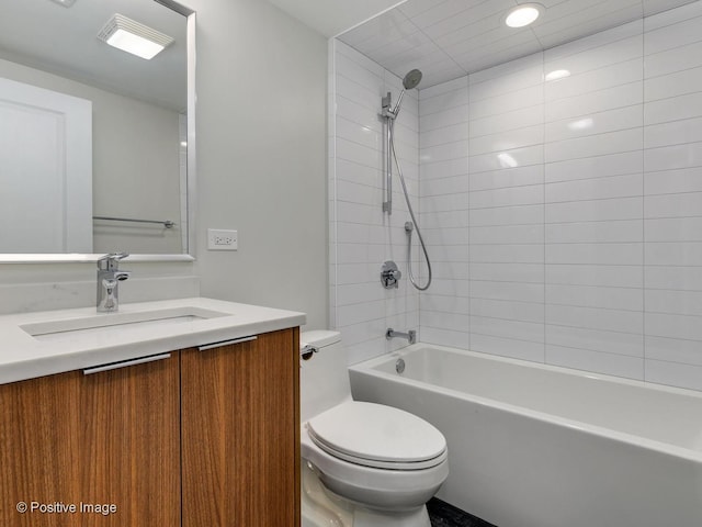 bathroom with recessed lighting, toilet, vanity, and shower / bathing tub combination