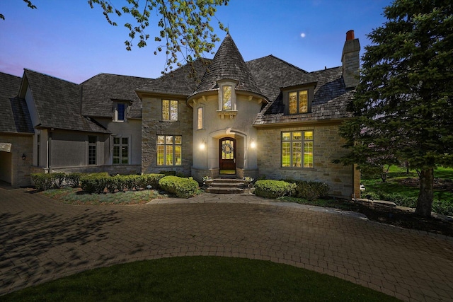 96 S Wynstone Dr, North Barrington, IL 60010 - french country inspired facade with stone siding, a chimney, and a high end roof