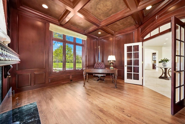 96 S Wynstone Dr, North Barrington, IL 60010 - office area with french doors, light wood-style floors, ornamental molding, a decorative wall, and beam ceiling