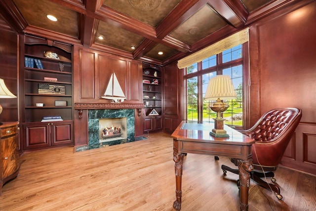 96 S Wynstone Dr, North Barrington, IL 60010 - office with built in features, coffered ceiling, crown molding, a fireplace, and a decorative wall