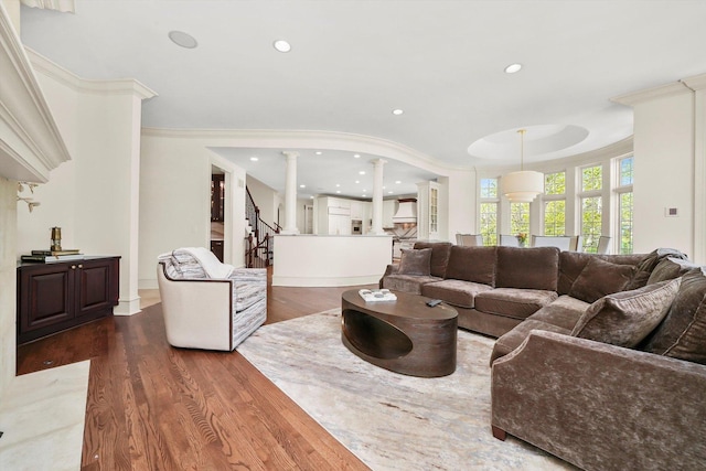 96 S Wynstone Dr, North Barrington, IL 60010 - living room featuring ornate columns, recessed lighting, and wood finished floors