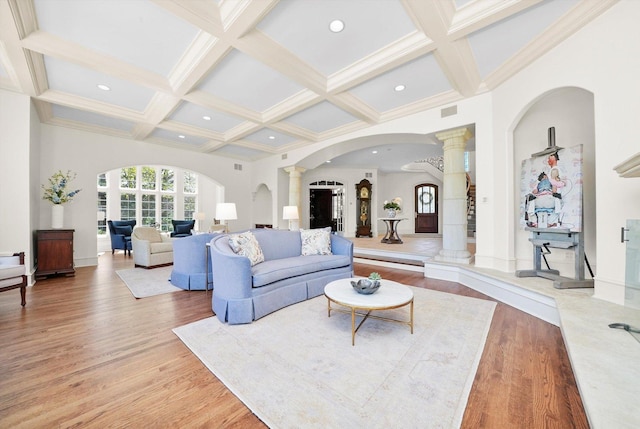 96 S Wynstone Dr, North Barrington, IL 60010 - living room with decorative columns, coffered ceiling, light wood-type flooring, arched walkways, and beam ceiling