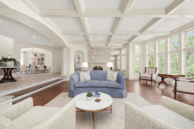 96 S Wynstone Dr, North Barrington, IL 60010 - living room with ornate columns, coffered ceiling, arched walkways, wood finished floors, and beam ceiling