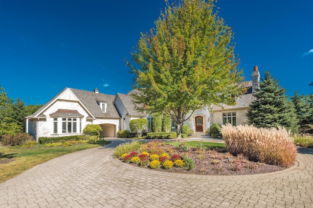 96 S Wynstone Dr, North Barrington, IL 60010 - view of front facade with a chimney, curved driveway, stone siding, and an attached garage