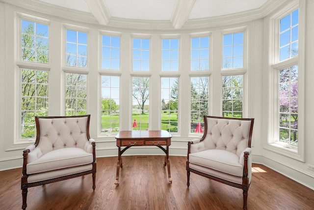 96 S Wynstone Dr, North Barrington, IL 60010 - sunroom with a towering ceiling, coffered ceiling, wood finished floors, ornamental molding, and beamed ceiling