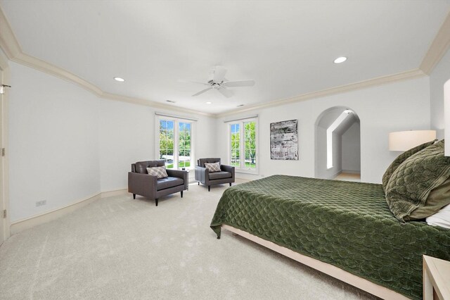 96 S Wynstone Dr, North Barrington, IL 60010 - bedroom featuring carpet flooring, ornamental molding, recessed lighting, arched walkways, and a ceiling fan