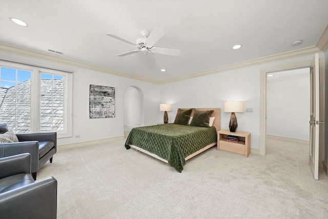 96 S Wynstone Dr, North Barrington, IL 60010 - carpeted bedroom featuring crown molding, recessed lighting, ceiling fan, and arched walkways