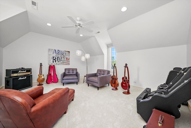 96 S Wynstone Dr, North Barrington, IL 60010 - carpeted cinema with lofted ceiling, a ceiling fan, and recessed lighting