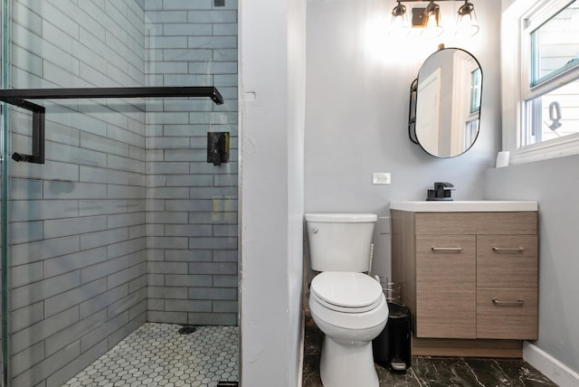 7709 161st St, Tinley Park, IL 60477 - bathroom with toilet, vanity, marble finish floor, and a stall shower