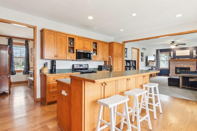 kitchen featuring a sink, a ceiling fan, stainless steel appliances, and light wood-style flooring