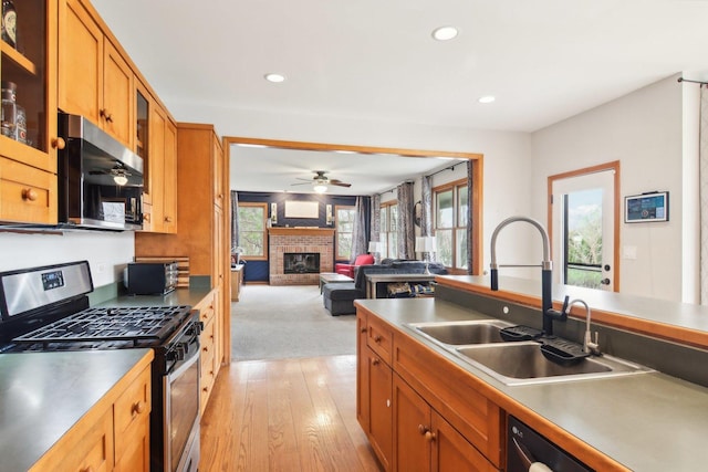 kitchen with a sink, a brick fireplace, a healthy amount of sunlight, and stainless steel appliances