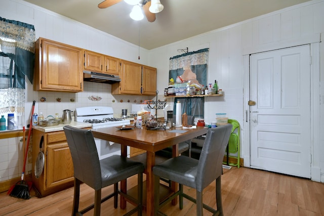 kitchen with light countertops, ceiling fan, light wood finished floors, and under cabinet range hood