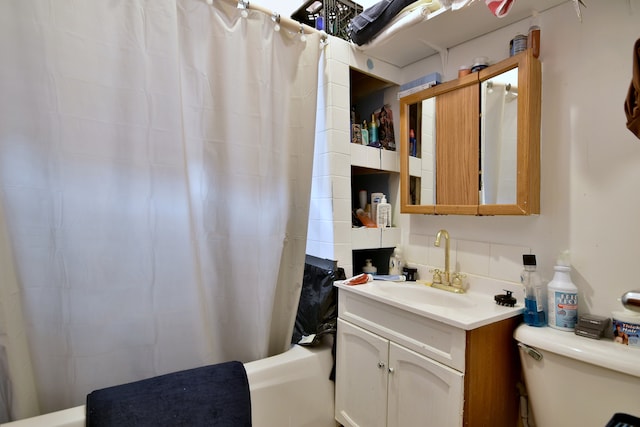 bathroom with toilet, shower / bathtub combination with curtain, and vanity