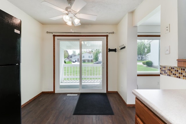 doorway featuring baseboards, dark wood finished floors, and plenty of natural light