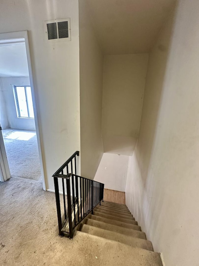 stairway featuring visible vents and carpet flooring