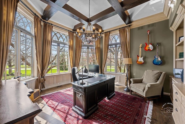 36W442 Hunters Gate Rd, Saint Charles, IL 60175 - home office with coffered ceiling, hardwood / wood-style flooring, a chandelier, beamed ceiling, and baseboards