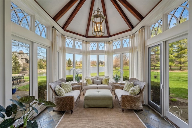 36W442 Hunters Gate Rd, Saint Charles, IL 60175 - sunroom featuring french doors, high vaulted ceiling, stone tile flooring, a water view, and beamed ceiling