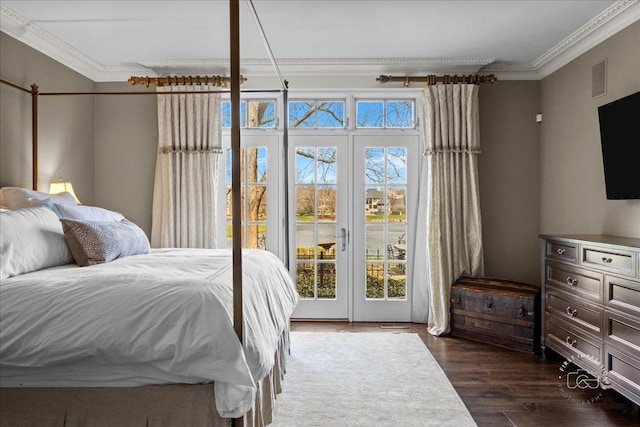 36W442 Hunters Gate Rd, Saint Charles, IL 60175 - bedroom with access to exterior, crown molding, and dark wood-style floors
