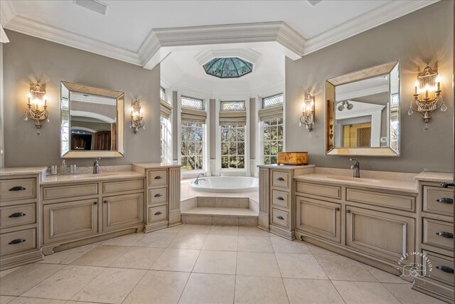 36W442 Hunters Gate Rd, Saint Charles, IL 60175 - full bathroom with crown molding, two vanities, a bath, and tile patterned flooring