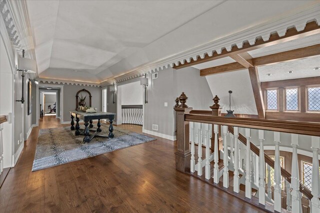 36W442 Hunters Gate Rd, Saint Charles, IL 60175 - hallway featuring wood finished floors, baseboards, an upstairs landing, a raised ceiling, and plenty of natural light