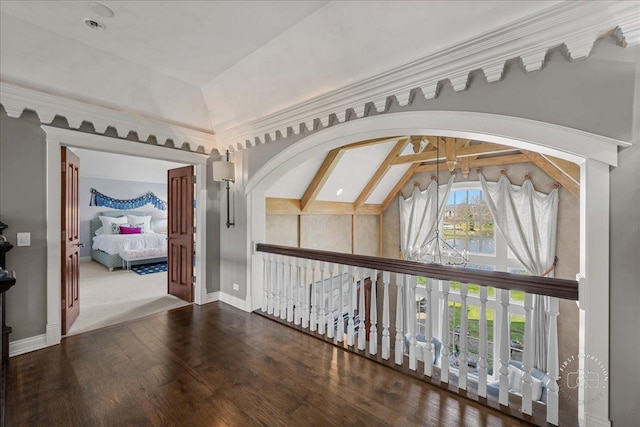36W442 Hunters Gate Rd, Saint Charles, IL 60175 - hall with lofted ceiling, baseboards, wood finished floors, and a water view