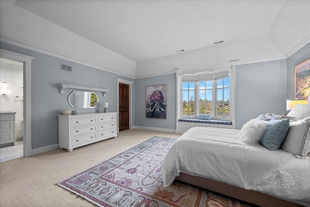 36W442 Hunters Gate Rd, Saint Charles, IL 60175 - bedroom featuring light colored carpet, baseboards, connected bathroom, and lofted ceiling