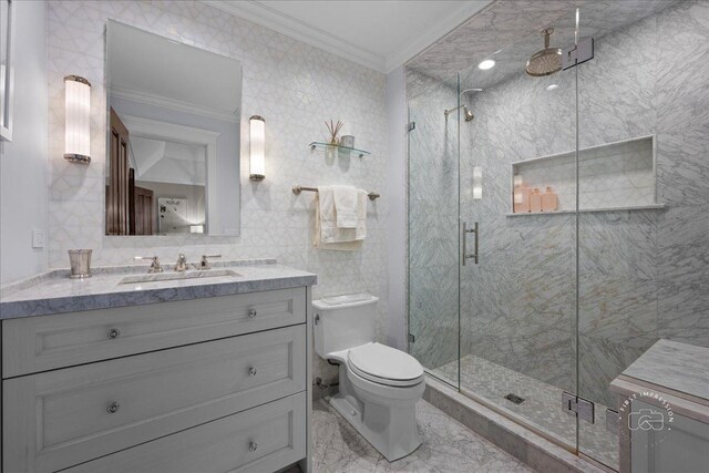 36W442 Hunters Gate Rd, Saint Charles, IL 60175 - bathroom with ornamental molding, toilet, a marble finish shower, tile walls, and vanity