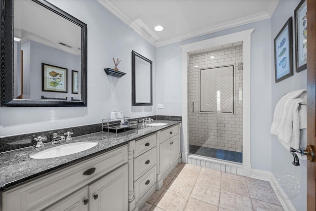 36W442 Hunters Gate Rd, Saint Charles, IL 60175 - full bathroom with a stall shower, double vanity, baseboards, crown molding, and recessed lighting