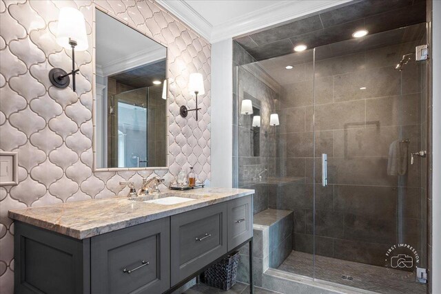 36W442 Hunters Gate Rd, Saint Charles, IL 60175 - full bath featuring ornamental molding, a shower stall, and vanity