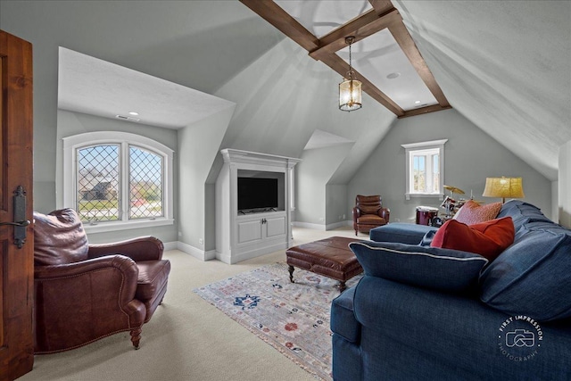 36W442 Hunters Gate Rd, Saint Charles, IL 60175 - living room featuring carpet floors, lofted ceiling, baseboards, and recessed lighting