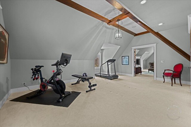 36W442 Hunters Gate Rd, Saint Charles, IL 60175 - exercise room featuring vaulted ceiling, baseboards, carpet flooring, and recessed lighting