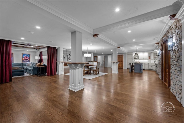 36W442 Hunters Gate Rd, Saint Charles, IL 60175 - living area with dark wood finished floors, beamed ceiling, ornamental molding, and recessed lighting
