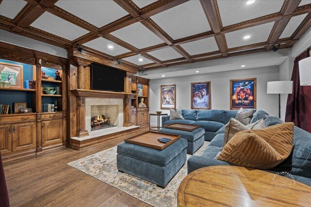 36W442 Hunters Gate Rd, Saint Charles, IL 60175 - living room featuring coffered ceiling, wood finished floors, recessed lighting, and a premium fireplace
