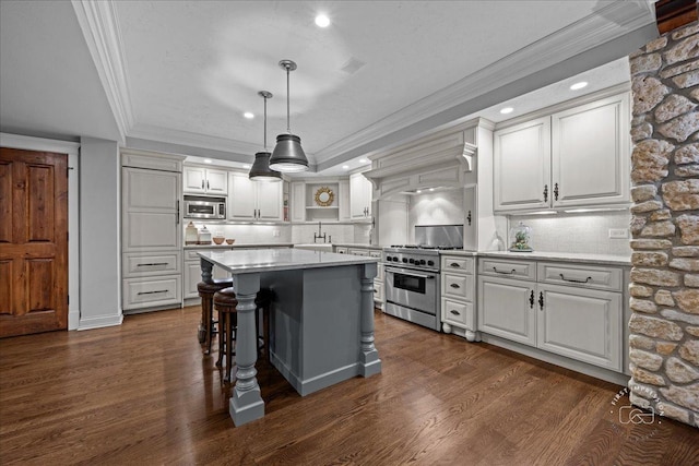 36W442 Hunters Gate Rd, Saint Charles, IL 60175 - kitchen with appliances with stainless steel finishes, open shelves, crown molding, decorative backsplash, and a kitchen island