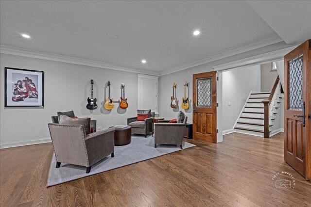 36W442 Hunters Gate Rd, Saint Charles, IL 60175 - living area featuring wood finished floors, stairway, recessed lighting, ornamental molding, and baseboards