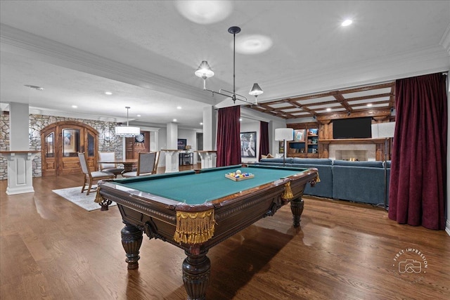 36W442 Hunters Gate Rd, Saint Charles, IL 60175 - playroom featuring billiards table, wood finished floors, crown molding, coffered ceiling, and recessed lighting